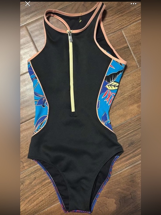 Roxy Other - Roxy Black One-Piece Swimsuit with Blue Floral Sides and Yellow Zipper
